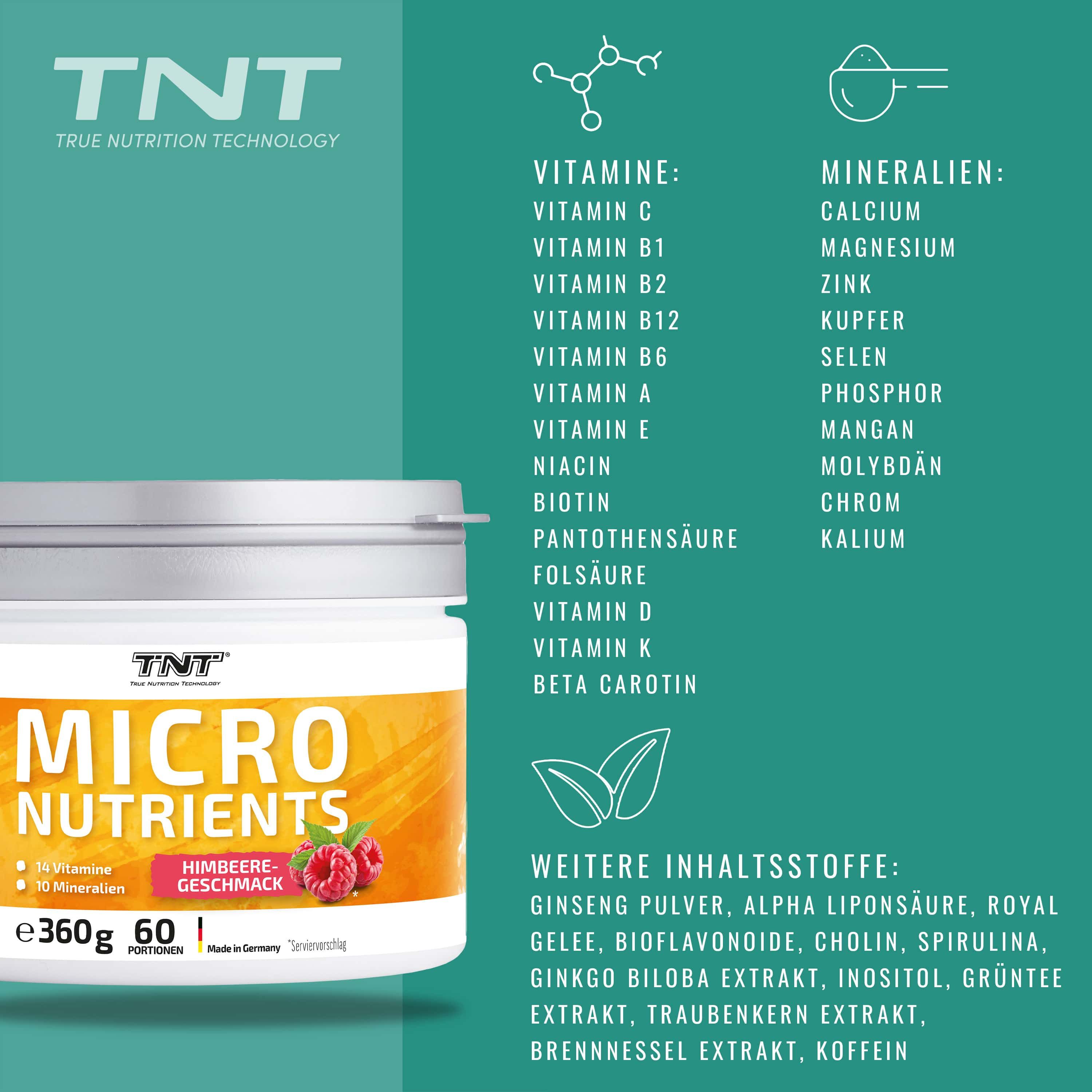 Produkt mit Inhaltsstoffen. Dose TNT Micro Nutrients mit Etikett. Auflistung von Vitaminen, Mineralien und Inhaltsstoffen.