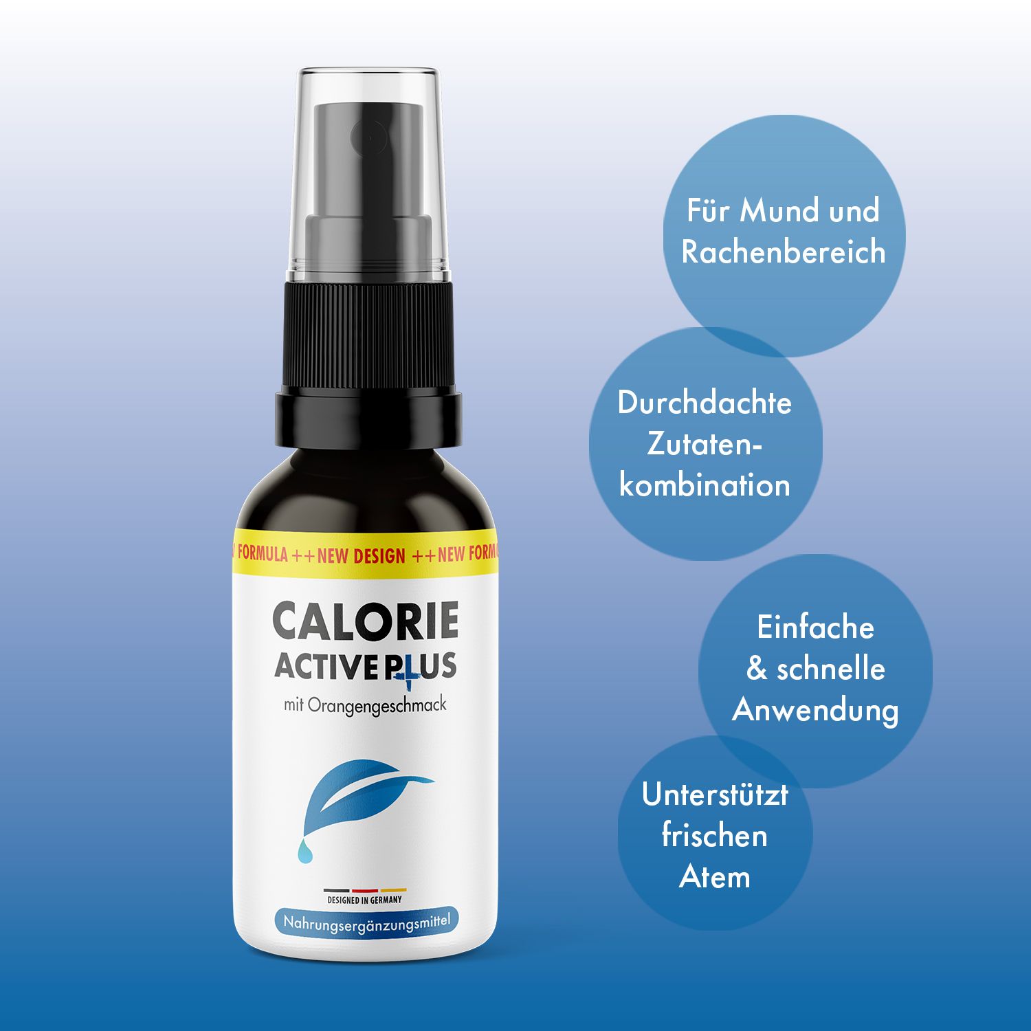Braune Flasche mit schwarzem Sprühkopf. Aufschrift: CALORIE ACTIVE PLUS mit Orangengeschmack. Blaue Grafik. Text in Kreisen.