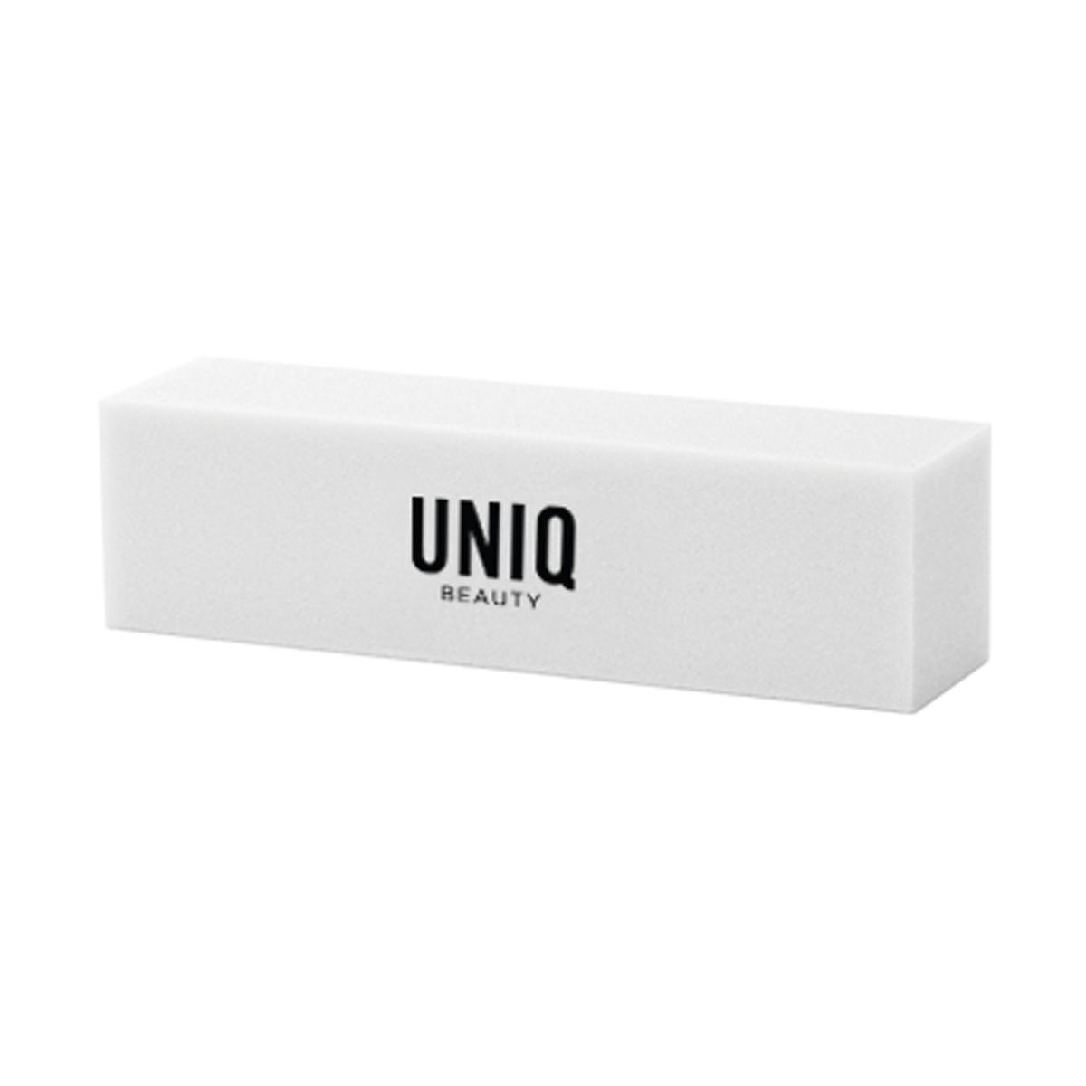 Weißer Nagelbuffer mit schwarzem UNIQ BEAUTY Logo.
