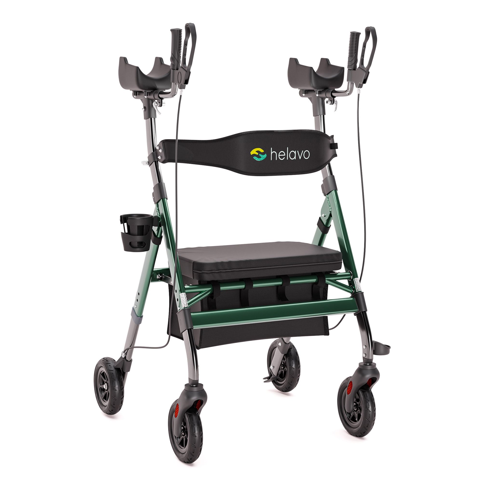 Grüner Rollator mit Sitz, Armlehnen und Getränkehalter.