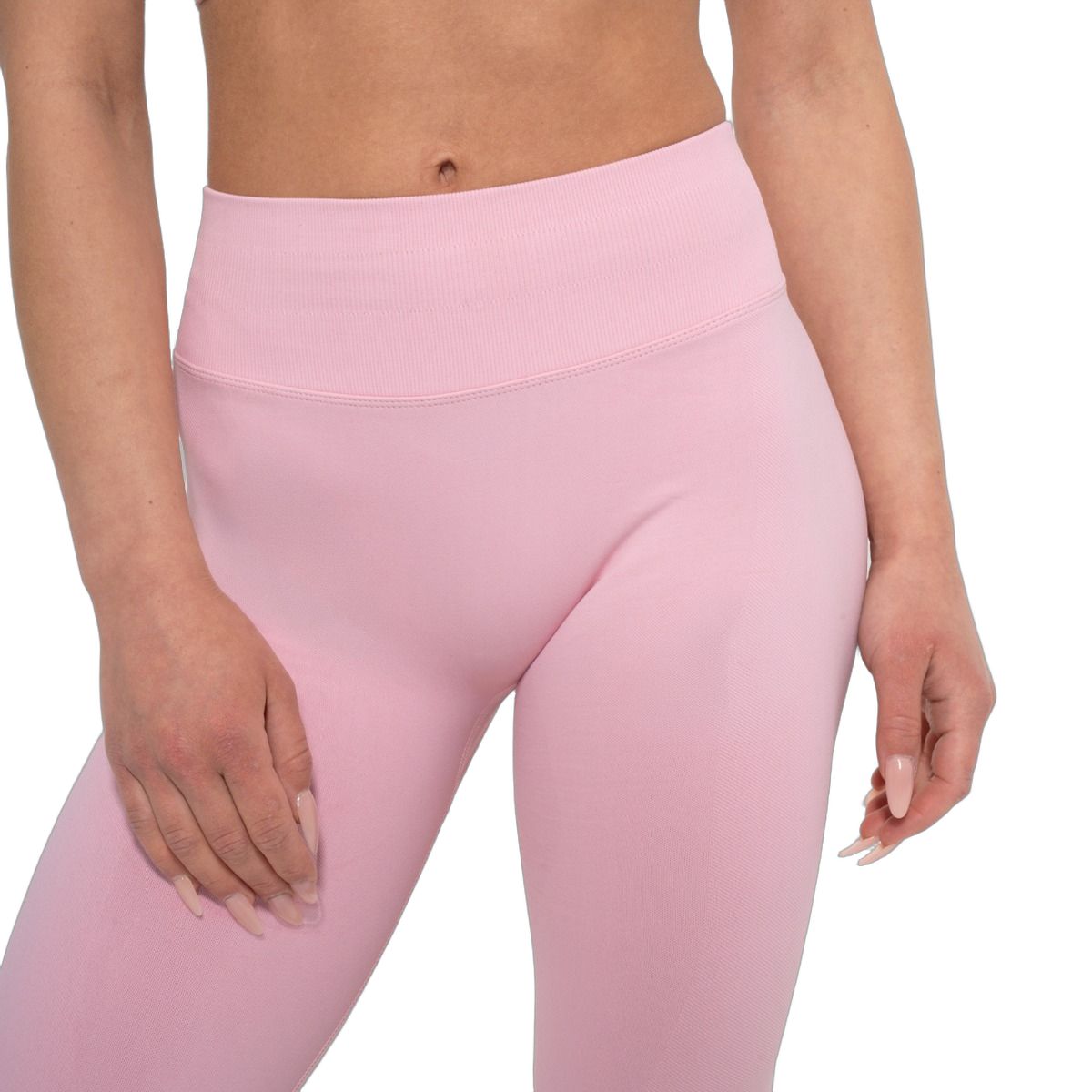 Babyrosa Leggings mit hohem Bund und schmaler Passform, Fokus auf den Taillenbereich.