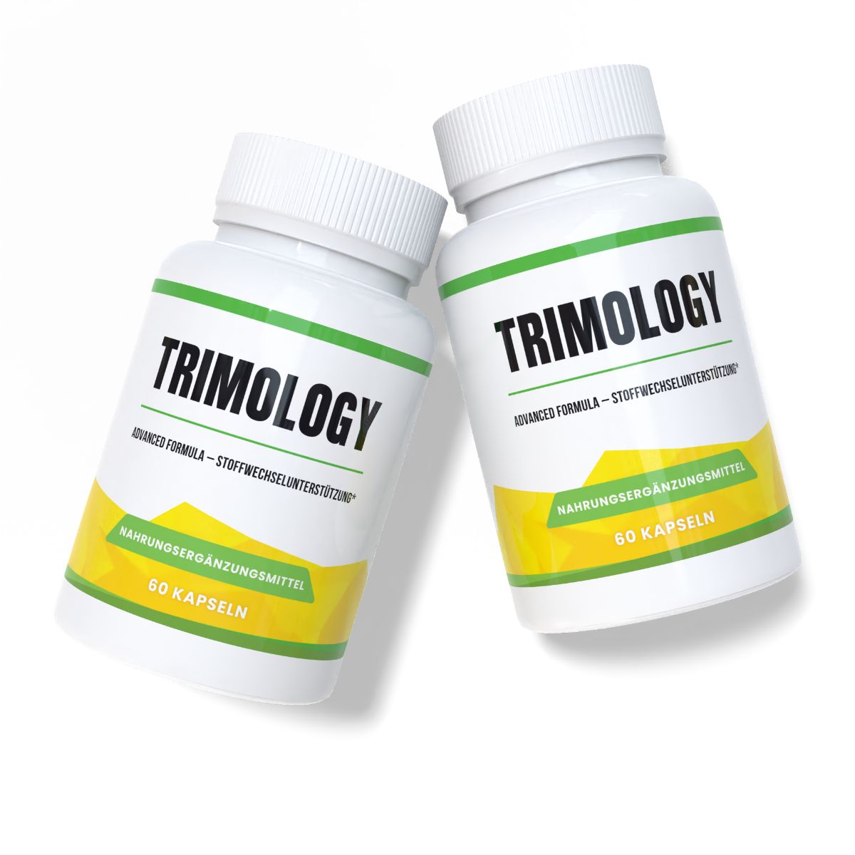 Zwei weiße Trimology Kapselbehälter mit grünen und gelben Etiketten, die 60 Kapseln enthalten.