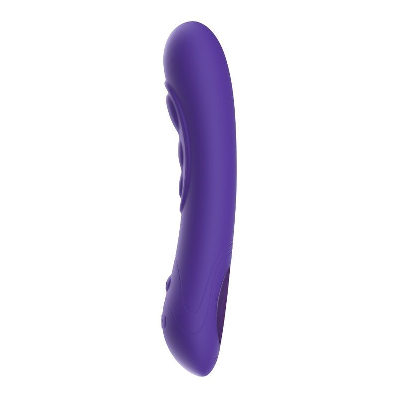Lila Vibrator mit geschwungener Form und geripptem Griffbereich, Seitenansicht.