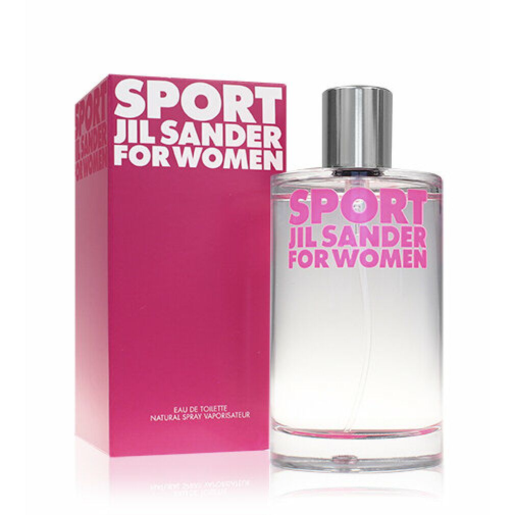 Glasflakon und rosa Verpackung. Flakon mit silbernem Verschluss. Rosa Schriftzug: SPORT JIL SANDER FOR WOMEN. 100 ml.