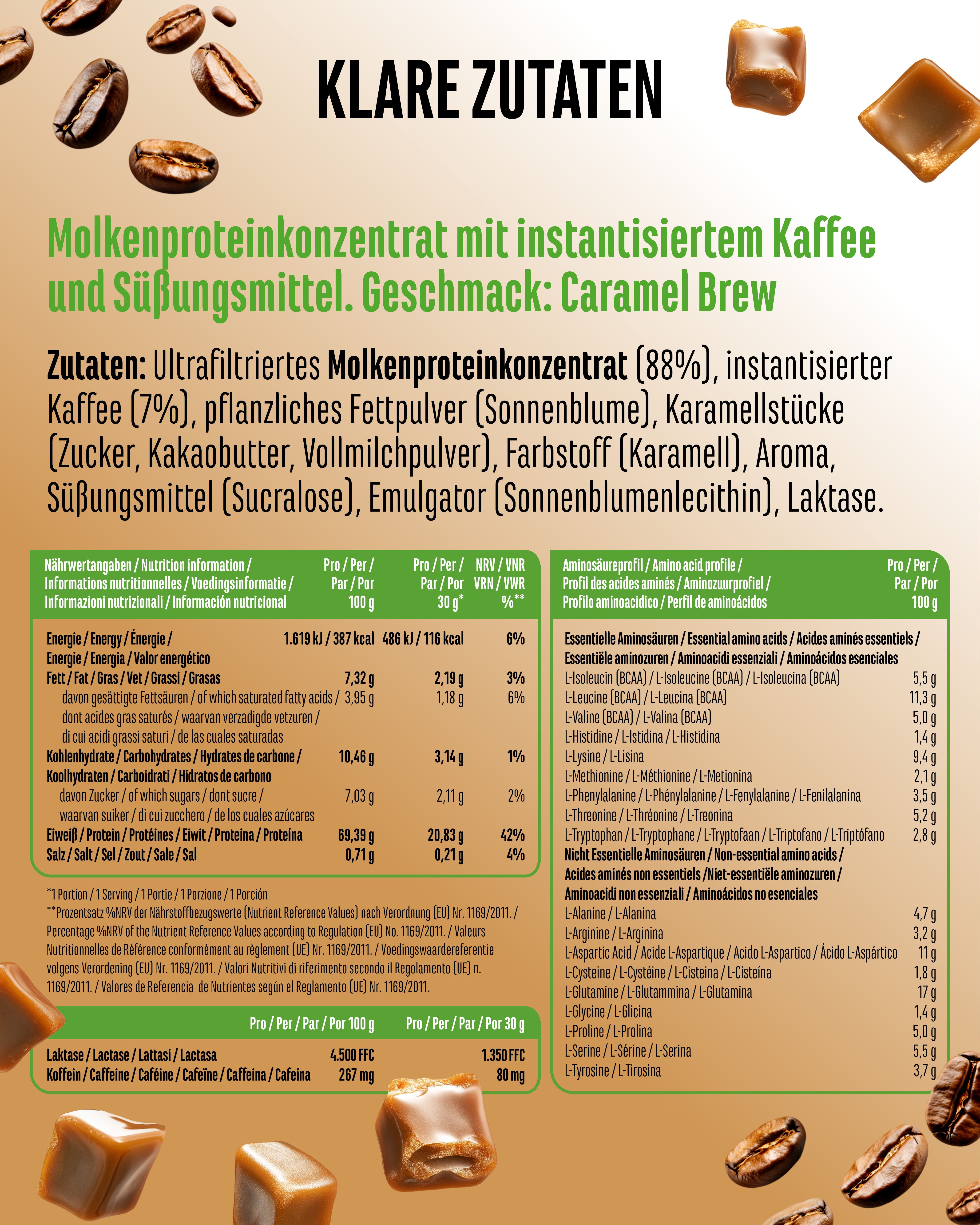 Nährwertinformationen und Zutatenliste für "vit4ever Barista Protein Coffee". Text: Molkenproteinkonzentrat mit instantisiertem Kaffee und Süßungsmittel.