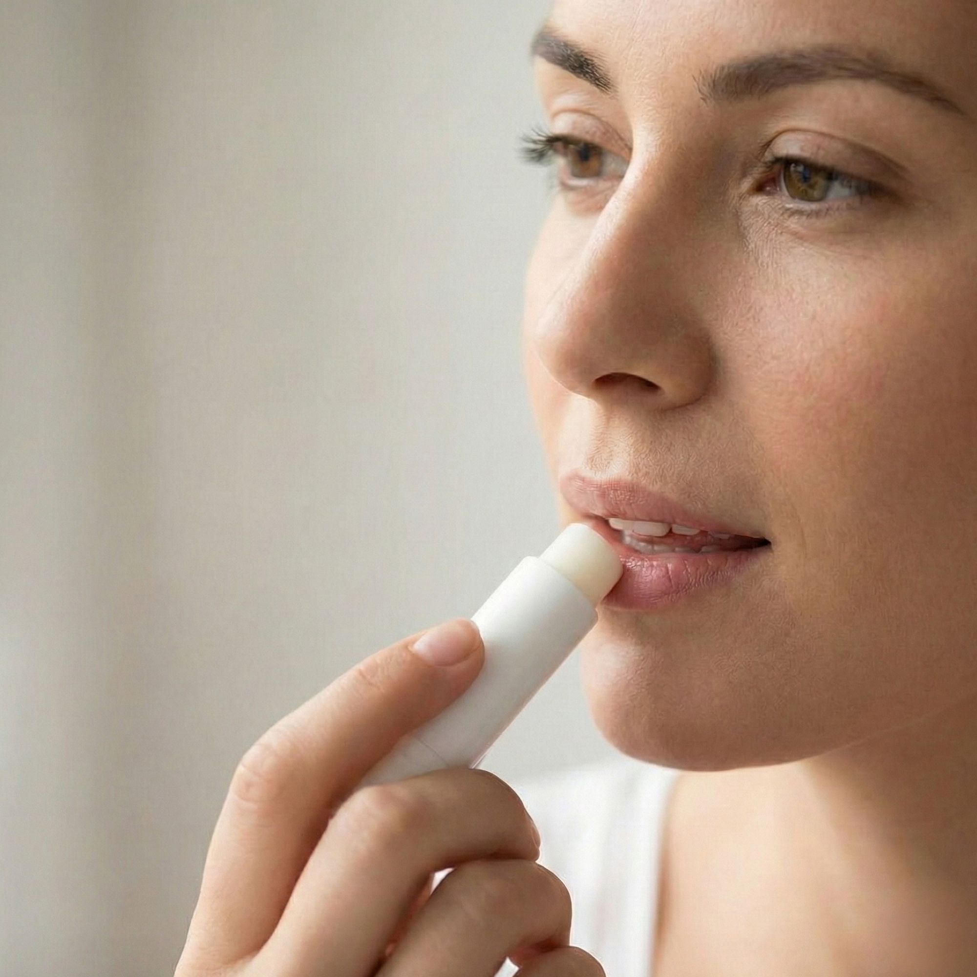 Nahaufnahme einer Frau, die Lippenbalsam auf ihre Lippen aufträgt. Der Stift ist weiß.