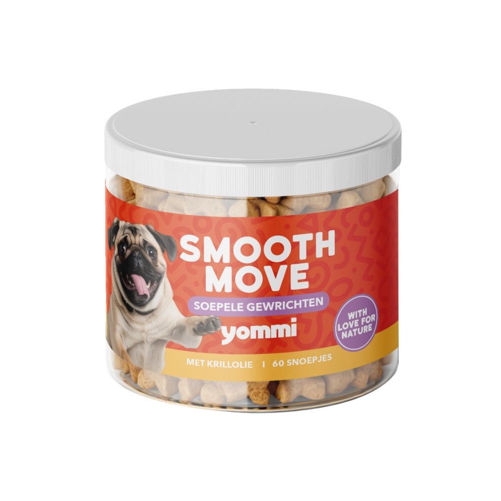 Hundefutter-Dose mit der Aufschrift "SMOOTH MOVE" und einem Mops-Bild. Enthält 60 Stück.