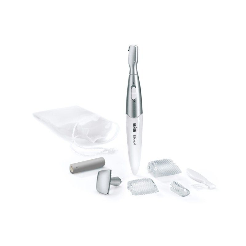 Weiß-silberner Rasierer mit Zubehör: Aufsätze, Batterie, Beutel. Marke Braun, Silk-épil.