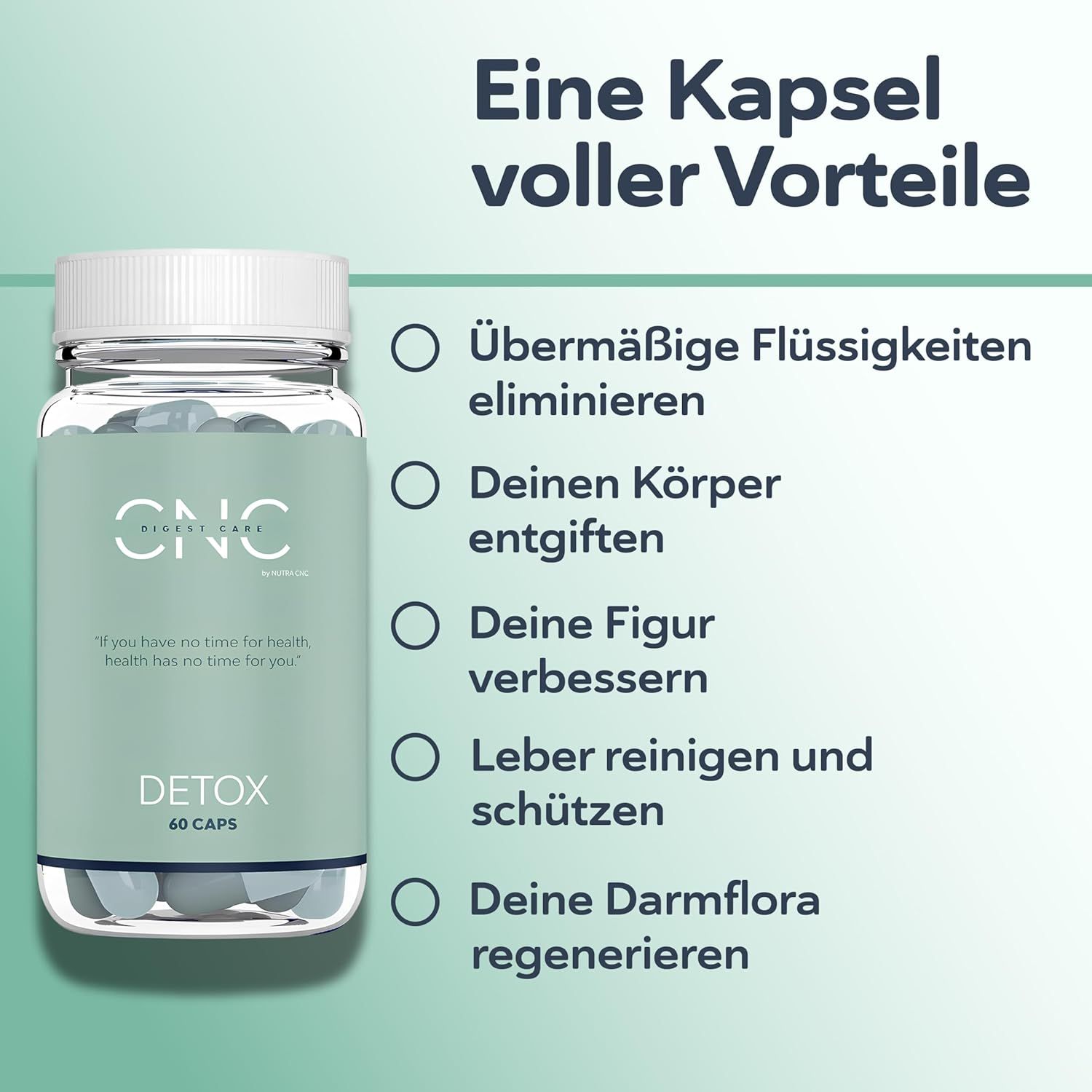 Flasche CNC DETOX mit Liste der Vorteile: Flüssigkeiten eliminieren, Körper entgiften, Figur verbessern.