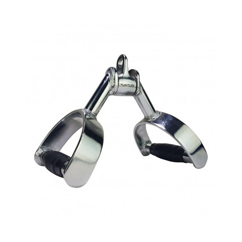 Drehbare Parallelgriffe aus Metall mit schwarzen Griffen und Tunturi-Logo.