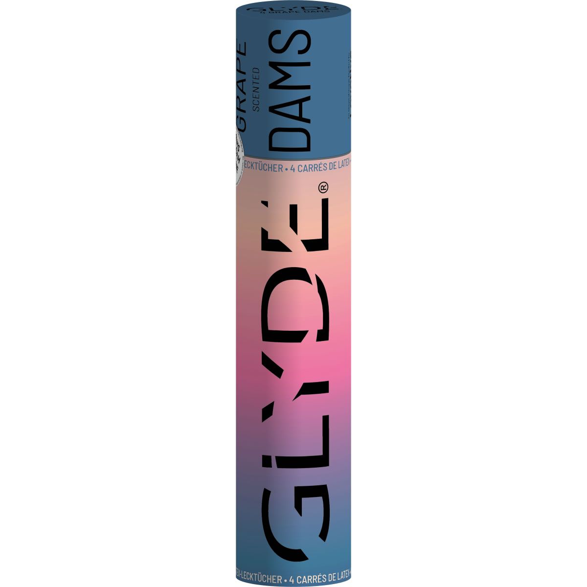 Zylindrische Verpackung mit GLYDE DAMS-Logo. Aufschrift: GRAPE SCENTED. Enthält 4 Stück.