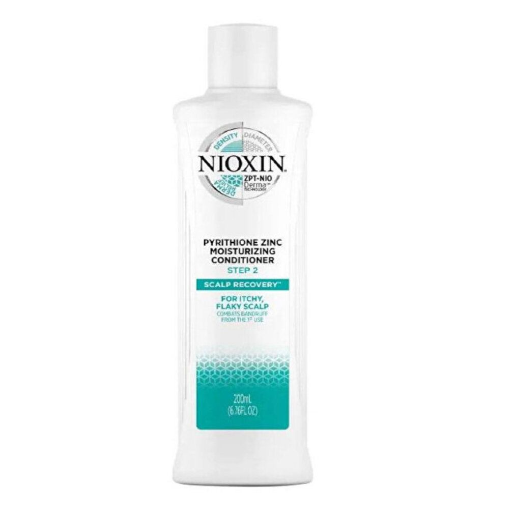 Weiße Flasche Conditioner. Aufschrift: Nioxin, Pyritthion Zink, Step 2, Scalp Recovery. Für juckende, schuppige Kopfhaut. 200ml/6.7FL OZ.