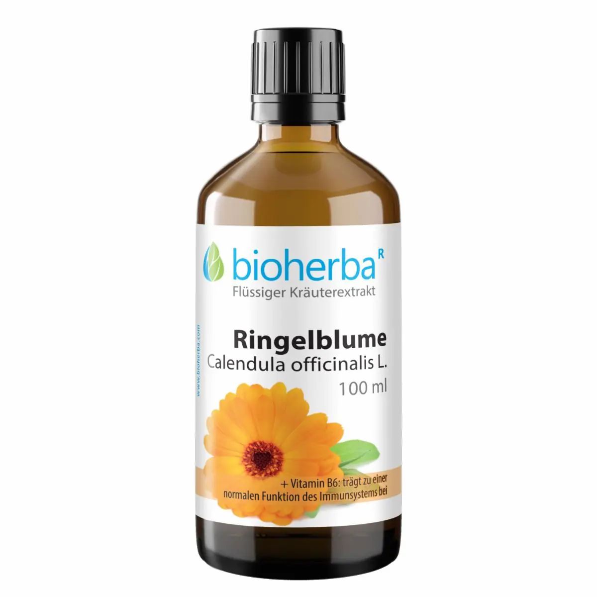 Braune Glasflasche mit schwarzem Deckel. Etikett mit Produktname, Logo und Blüte. 100 ml.