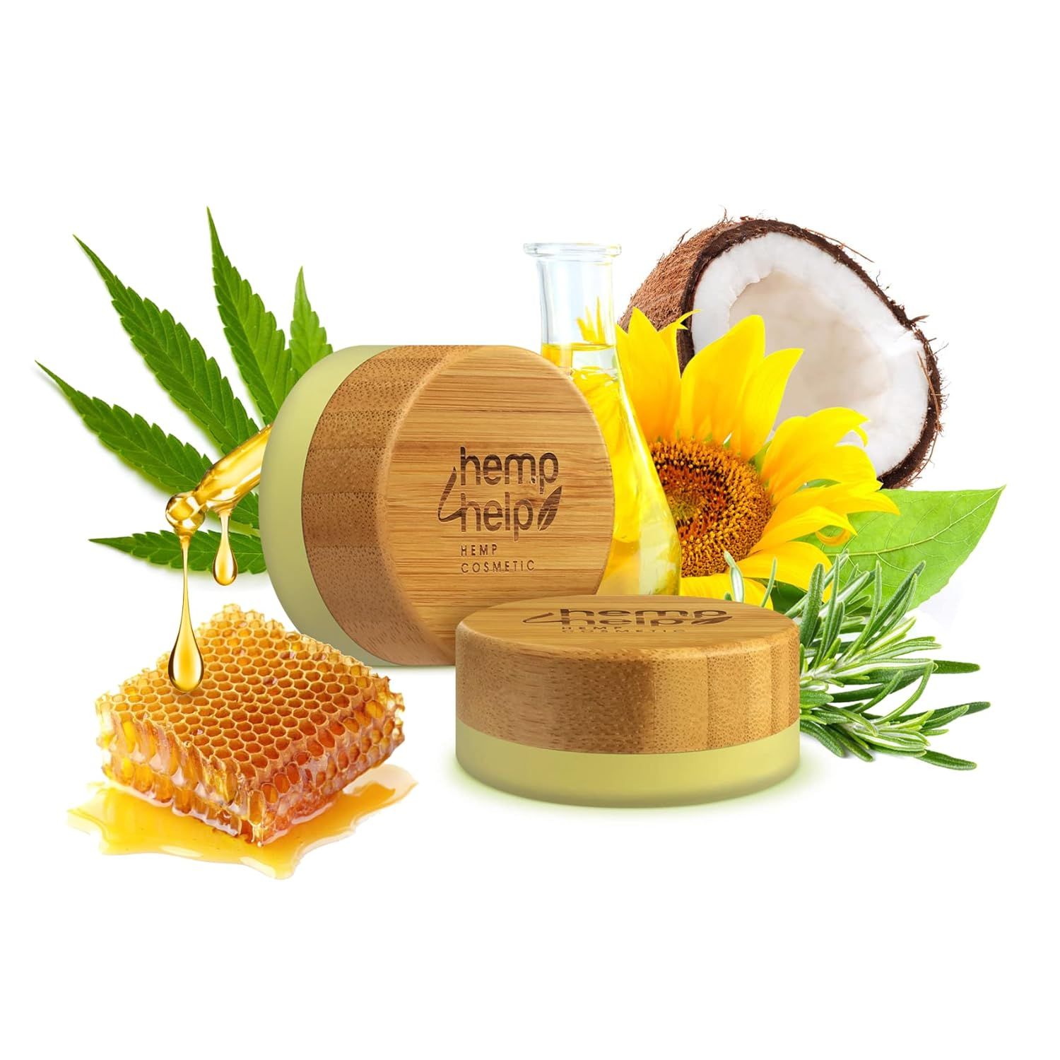 Drei Lippenbalsam-Tiegel mit Holzdeckeln. Umgebung: Honigwabe, Hanfblatt, Sonnenblume, Kokosnuss, Ölflasche. Schriftzug: hemp help, Kosmetik.