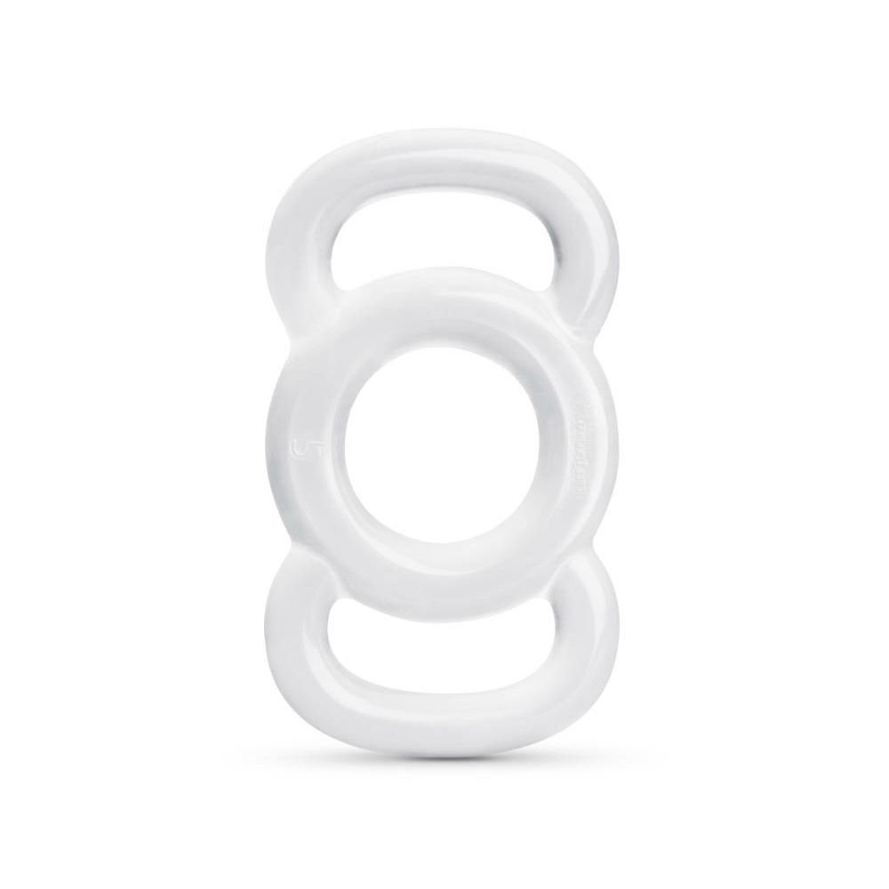 Weißes, ringförmiges Produkt mit drei verbundenen Ringen. Mittlerer Ring größer als die oberen und unteren Ringe.