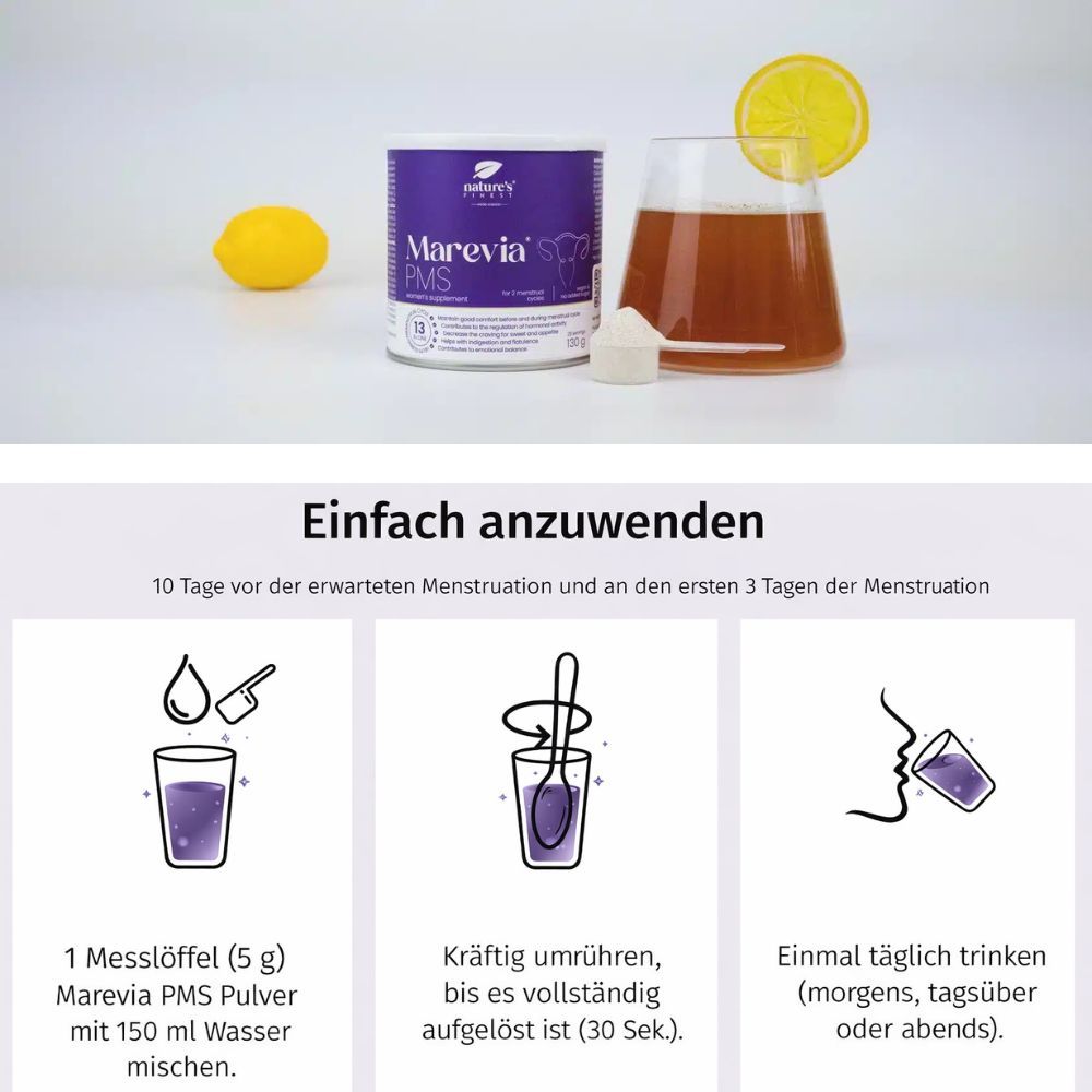 Produktpräsentation mit Glas, Zitrone und Pulver. Anwendungsanleitung: Pulver in Wasser mischen, umrühren, trinken. Produkt: Marevia PMS.