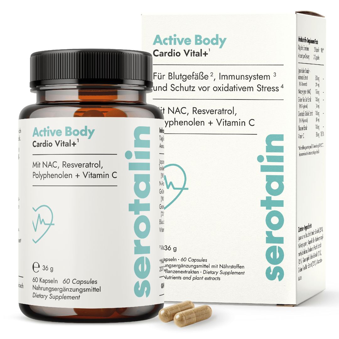 Braune Kapseln in einer Flasche und Schachtel. Aufschrift: serotalin Active Body Cardio Vital+.