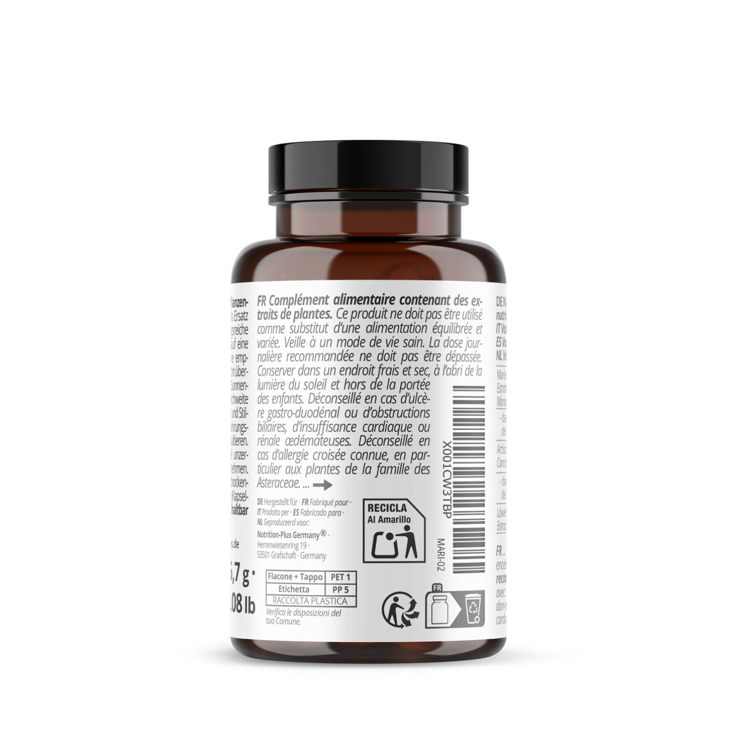 Braune Flasche mit schwarzem Deckel. Etikett mit Text in mehreren Sprachen. Recycling-Symbol.
