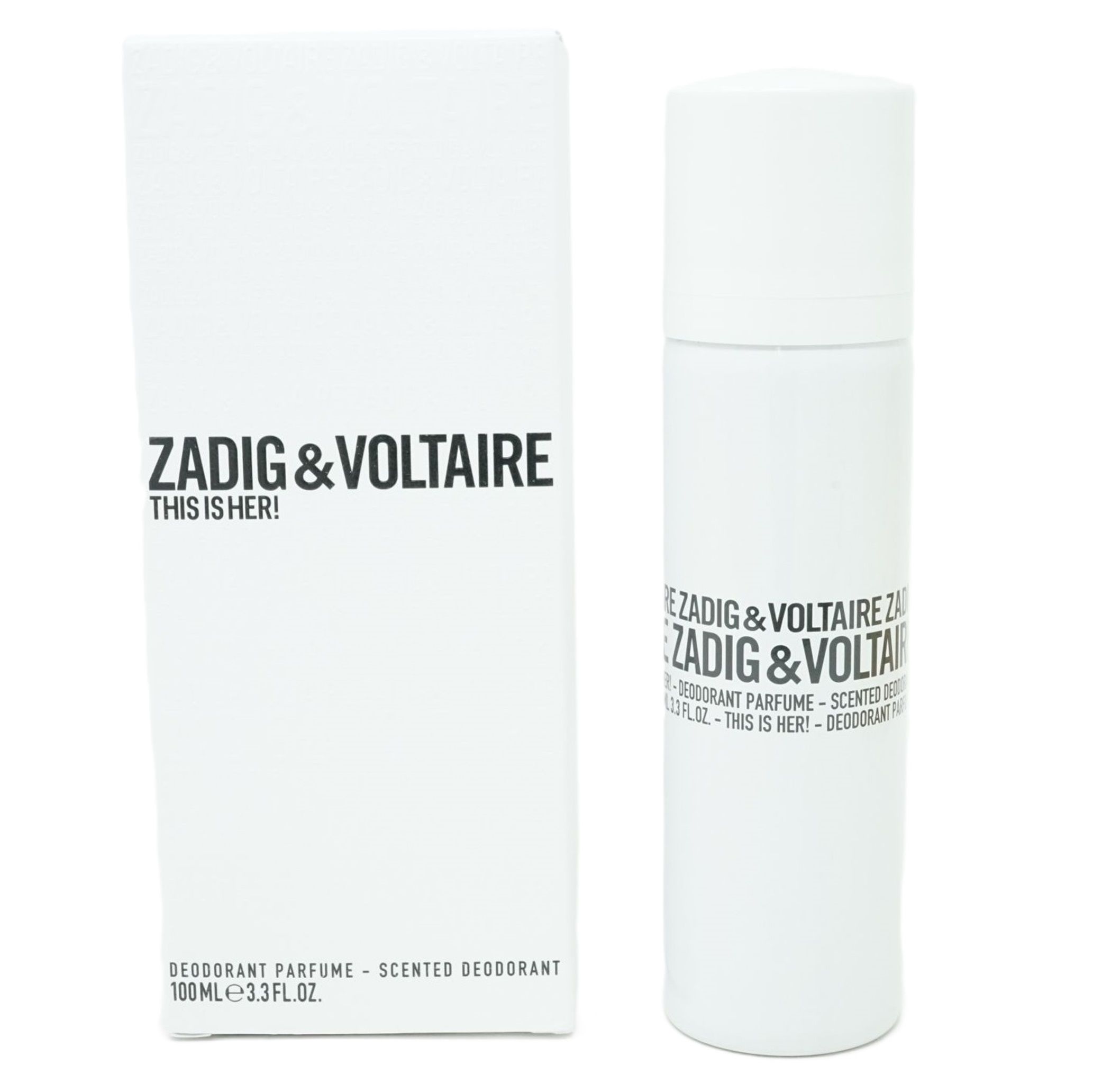 Zadig & Voltaire Deodorant-Spray und Verpackung. Text: THIS IS HER! Deodorant Parfum. 100ml. Weiße Verpackung.