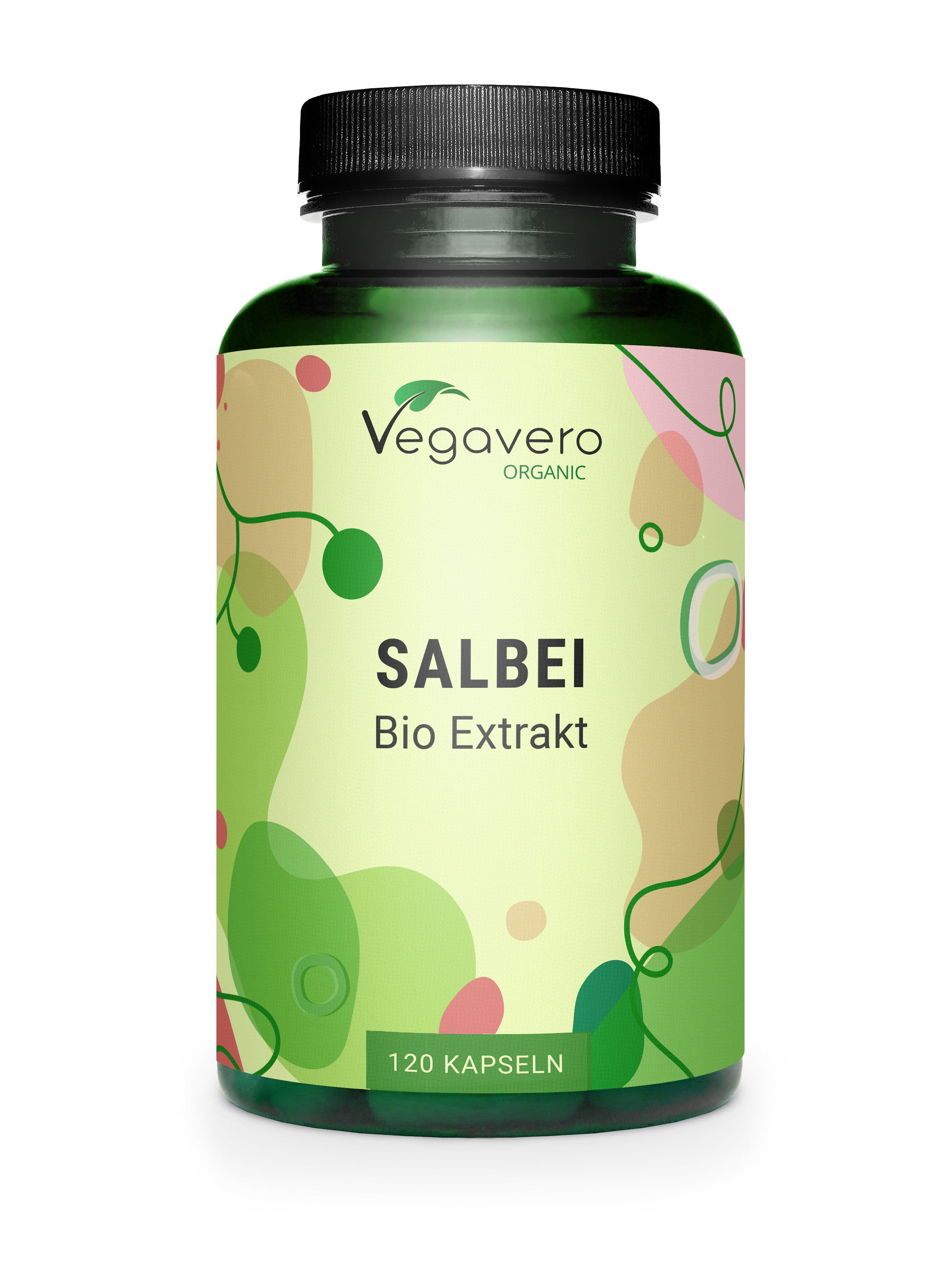 Grüne Flasche mit schwarzen Deckel. Aufschrift: Salbei Bio Extrakt, 120 Kapseln. Vegavaro Organic Logo.