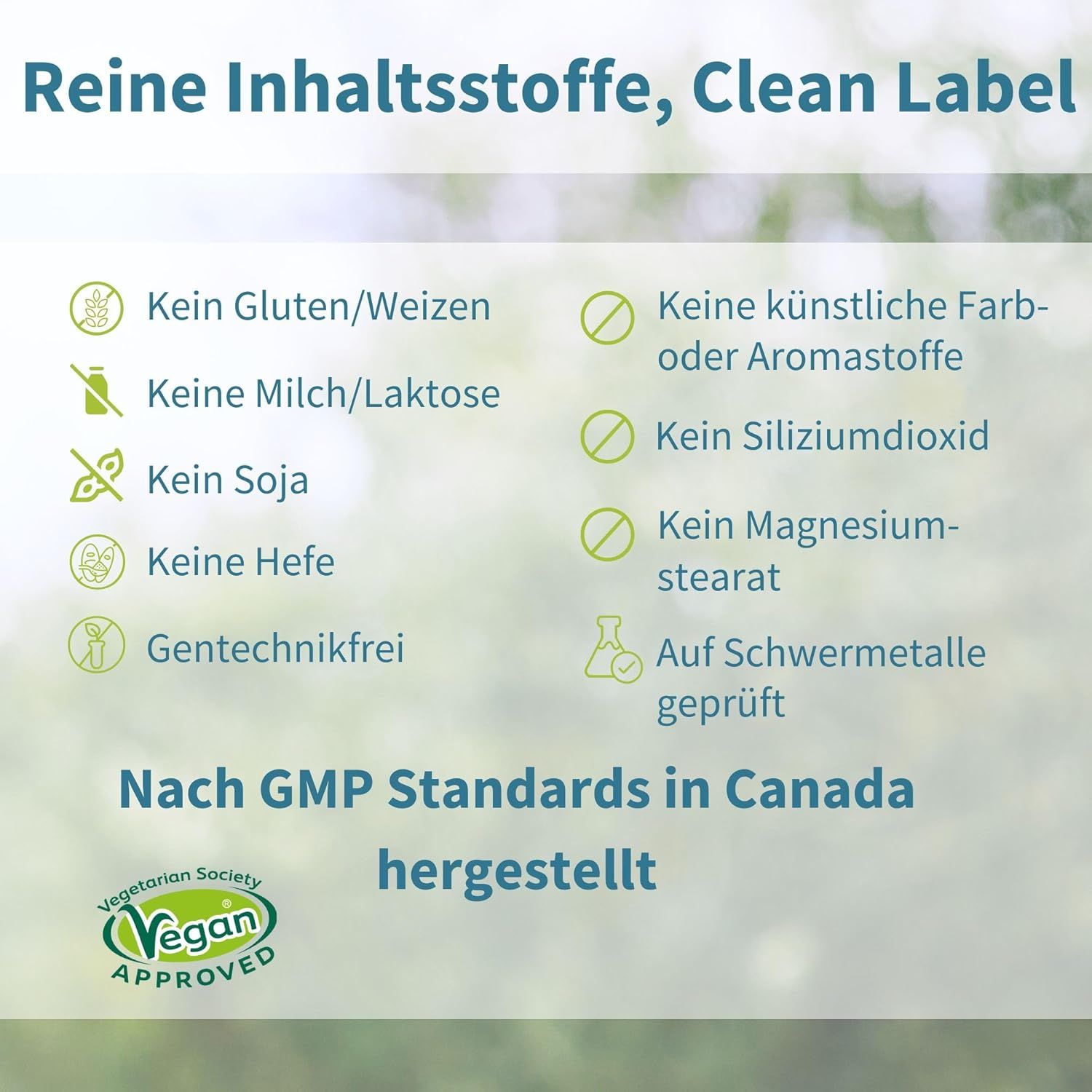Übersicht: Reine Inhaltsstoffe, Clean Label, GMP-Standards, Vegan-Siegel.