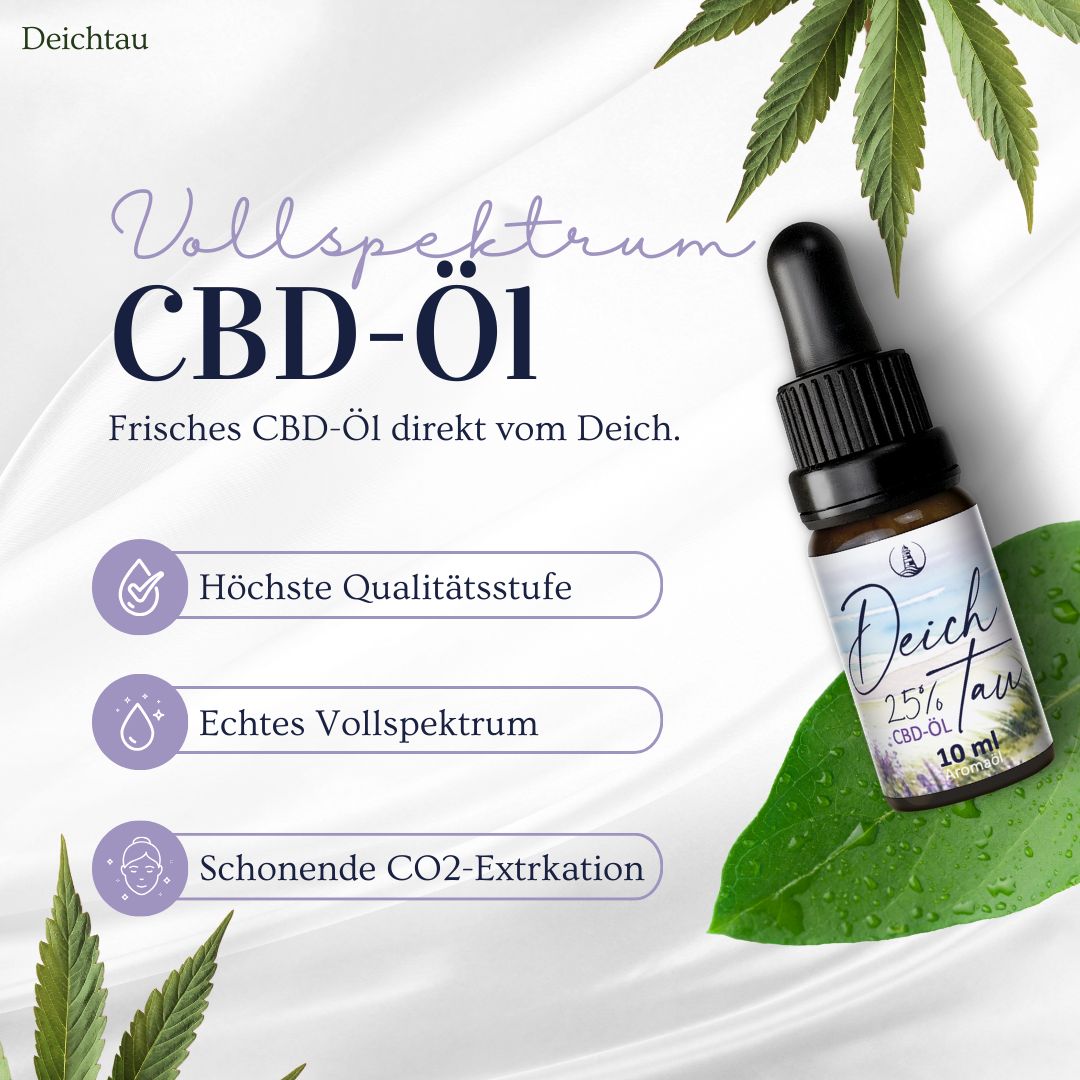 Deichtau CBD Öl 25% Flasche neben Hanfblättern. Merkmale: Vollspektrum, CO2-Extraktion.