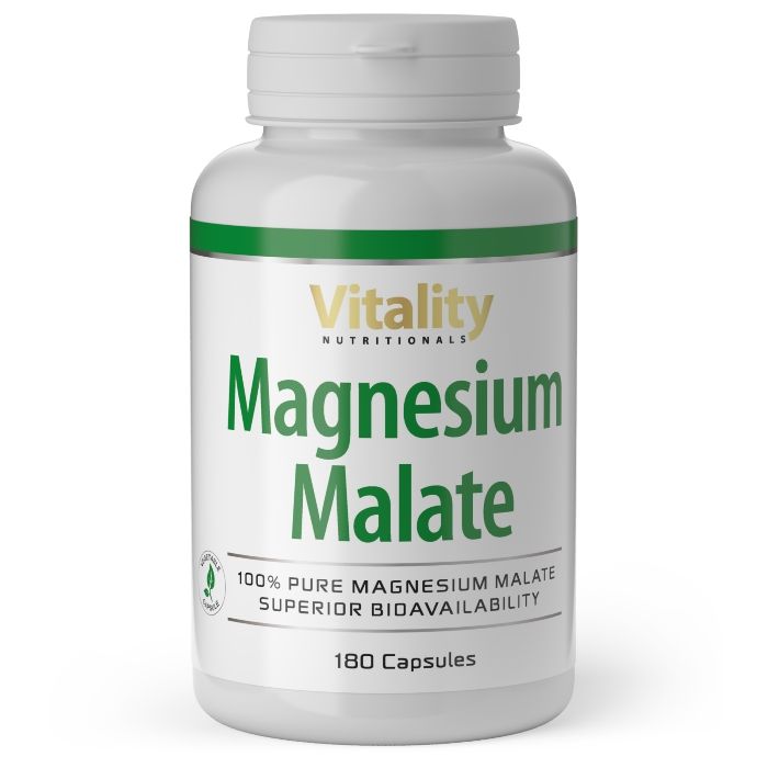 Weiße Flasche mit grünem Etikett. Aufschrift: Vitality Nutritionals Magnesium Malat, 180 Kapseln. 100% reines Magnesiummalat.