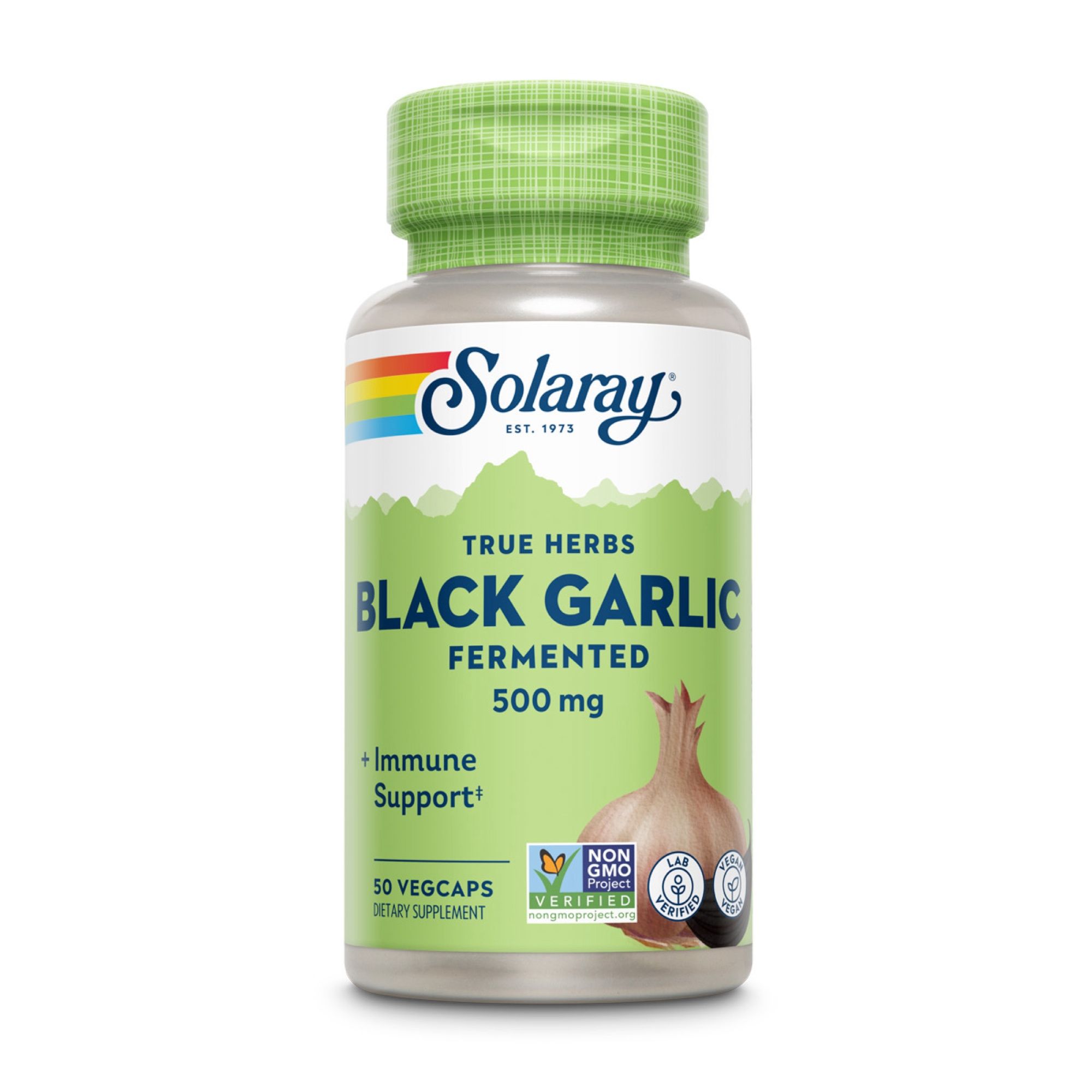 Solaray Black Garlic fermentiert 500 mg. Grüne Kapsel-Flasche. 50 Vegicaps. Non-GMO, Laborgeprüft.