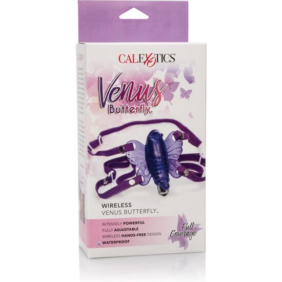 Verpackung des Calexotics Venus Butterfly Wireless Vibrators, blau mit violetten Trägern.