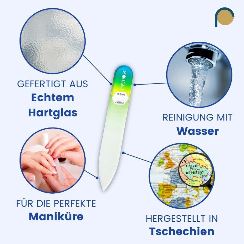 Glasnagelfeile, beidseitig nutzbar. Gefertigt aus Echtglas. Reinigung mit Wasser. Hergestellt in Tschechien.
