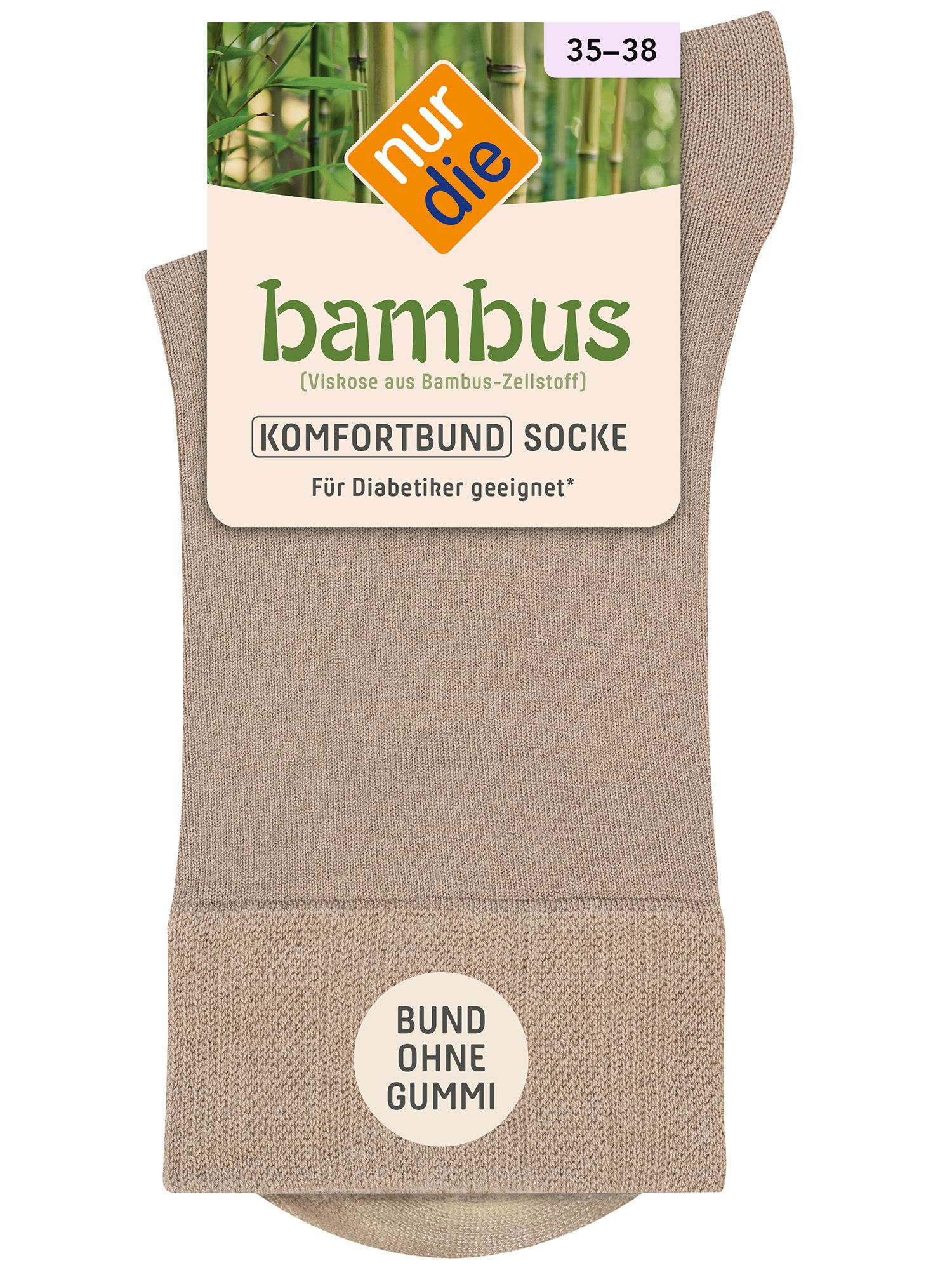 Beigefarbene Socke mit Etikett. Etikett mit "nur die", "bambus", "Komfortbund Socke". Aufschrift "Für Diabetiker geeignet".