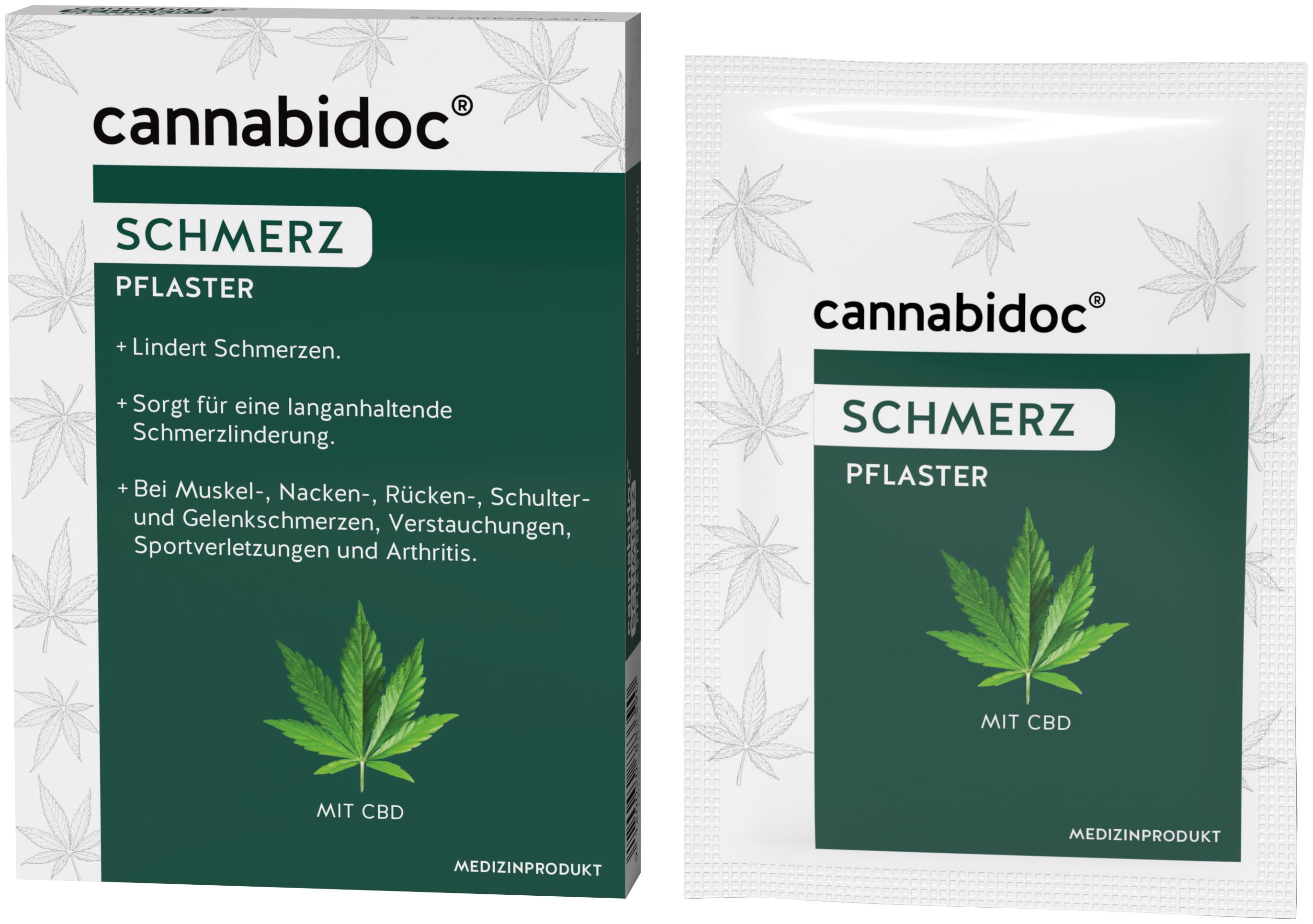 Verpackung und Einzelverpackung. Aufdruck: cannabidoc, Schmerzpflaster, Hanfblatt, mit CBD. Medizinprodukt.