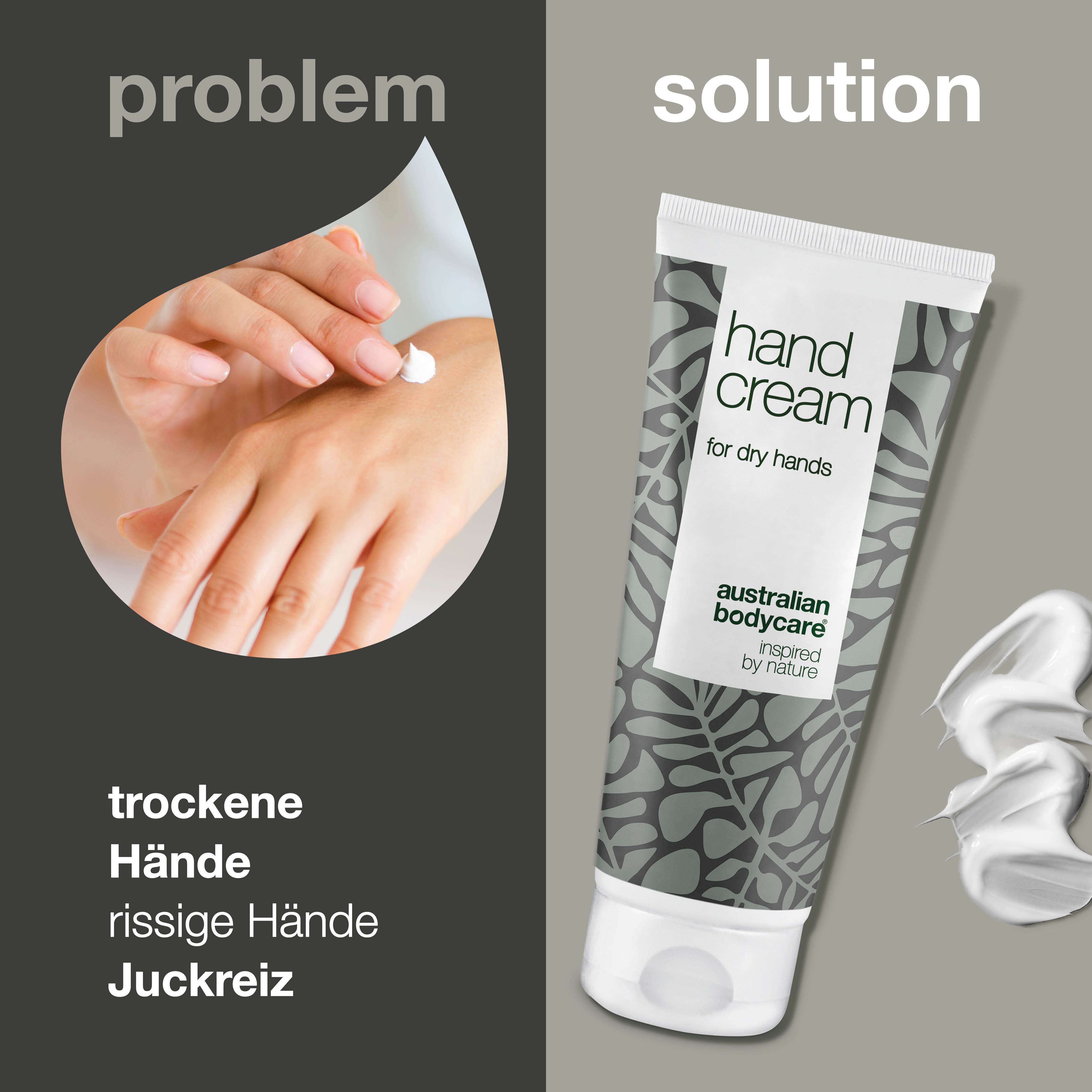 Handcreme-Tube und Hände mit Creme.