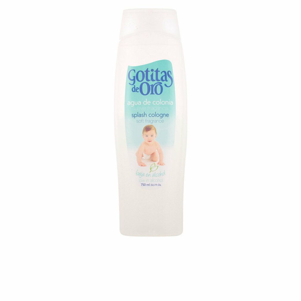 Weiße Flasche mit "Gotitas de Oro" Logo und einem Babybild. Splash Cologne, 750 ml.