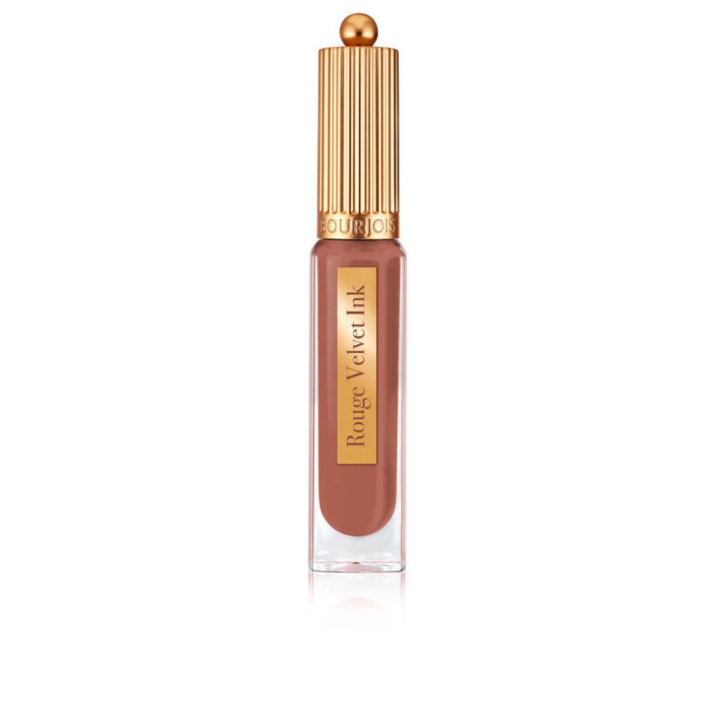 Bourjois Rouge Velvet Ink Lippenstift, Farbton 05 Pralinette, in goldener Verpackung.