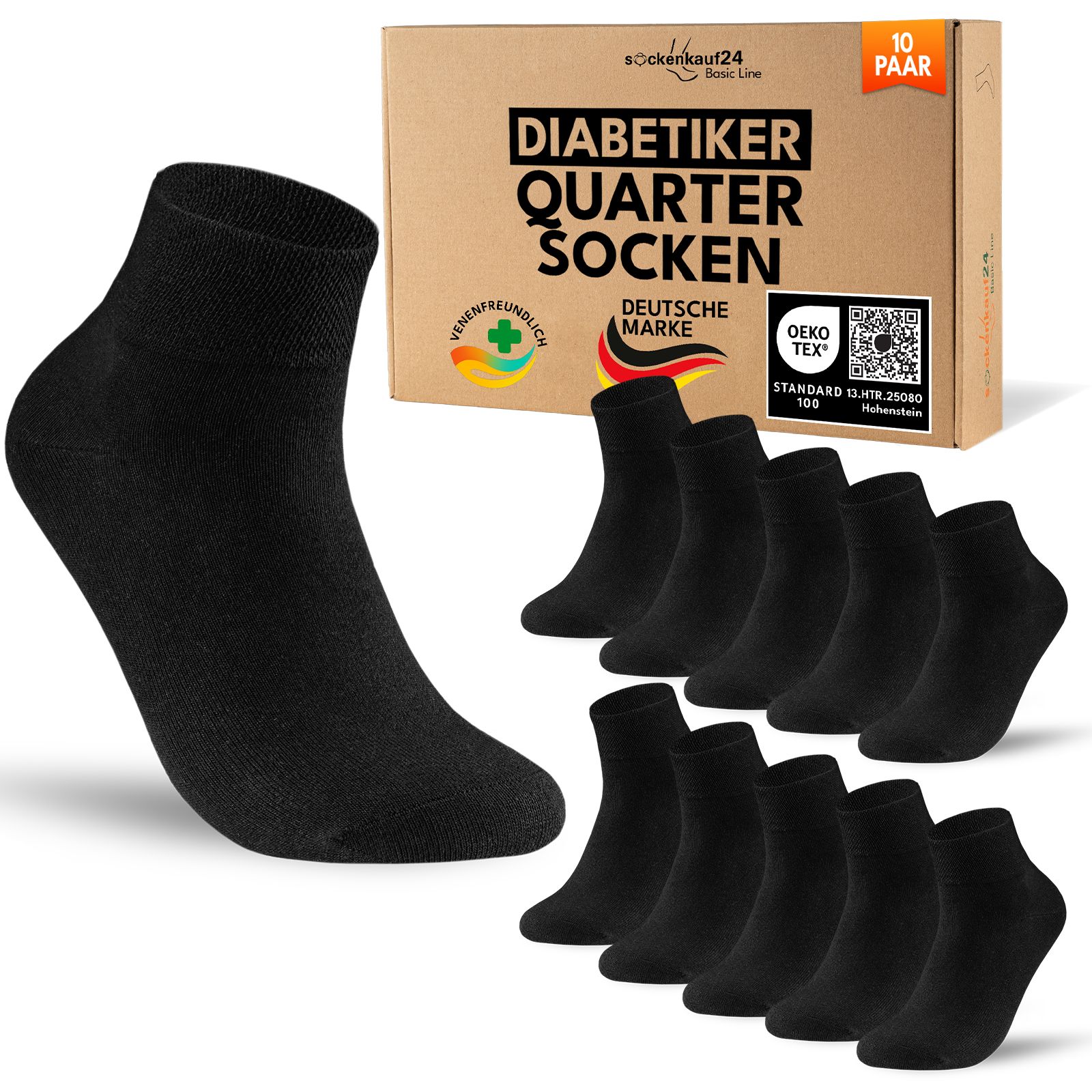 Diabetiker Quarter Socken mit Komfortbund ohne Gummi & ohne Naht für Damen und Herren