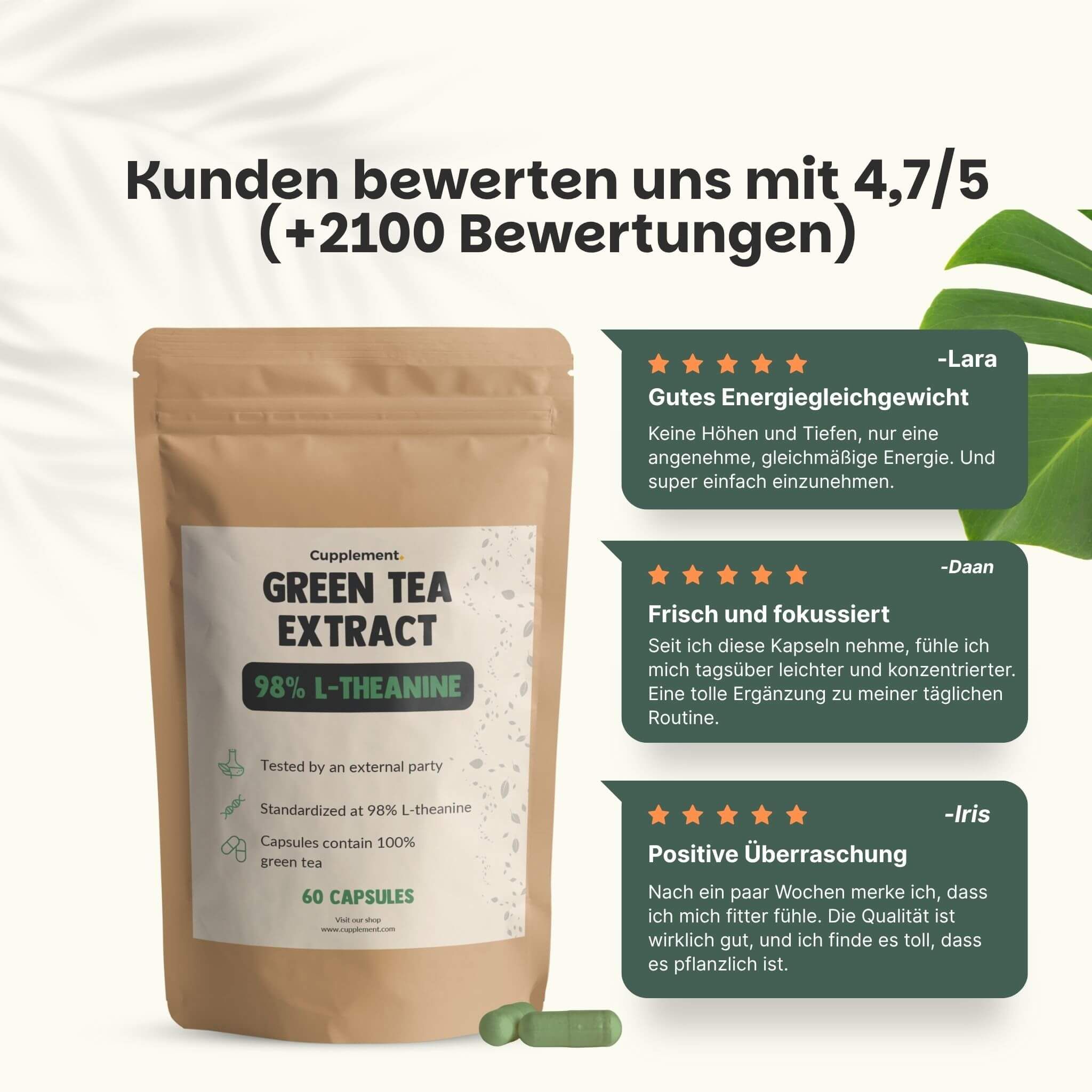 Beutel mit Grüntee-Extrakt-Kapseln. Text: Kunden bewerten uns mit 4,7/5. 3 Kundenbewertungen.