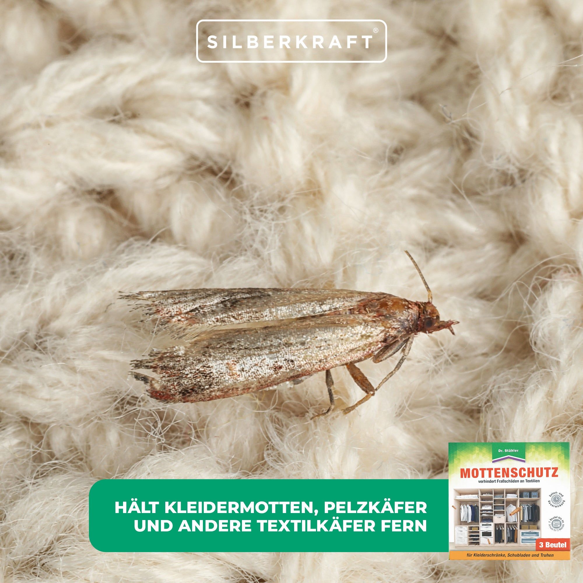Motten auf hellem Stoff. Kleines Bild: Verpackung mit 3 Duftbeuteln. Text: Hält Kleidermotten, Pelzkäfer und andere Textilkäfer fern.