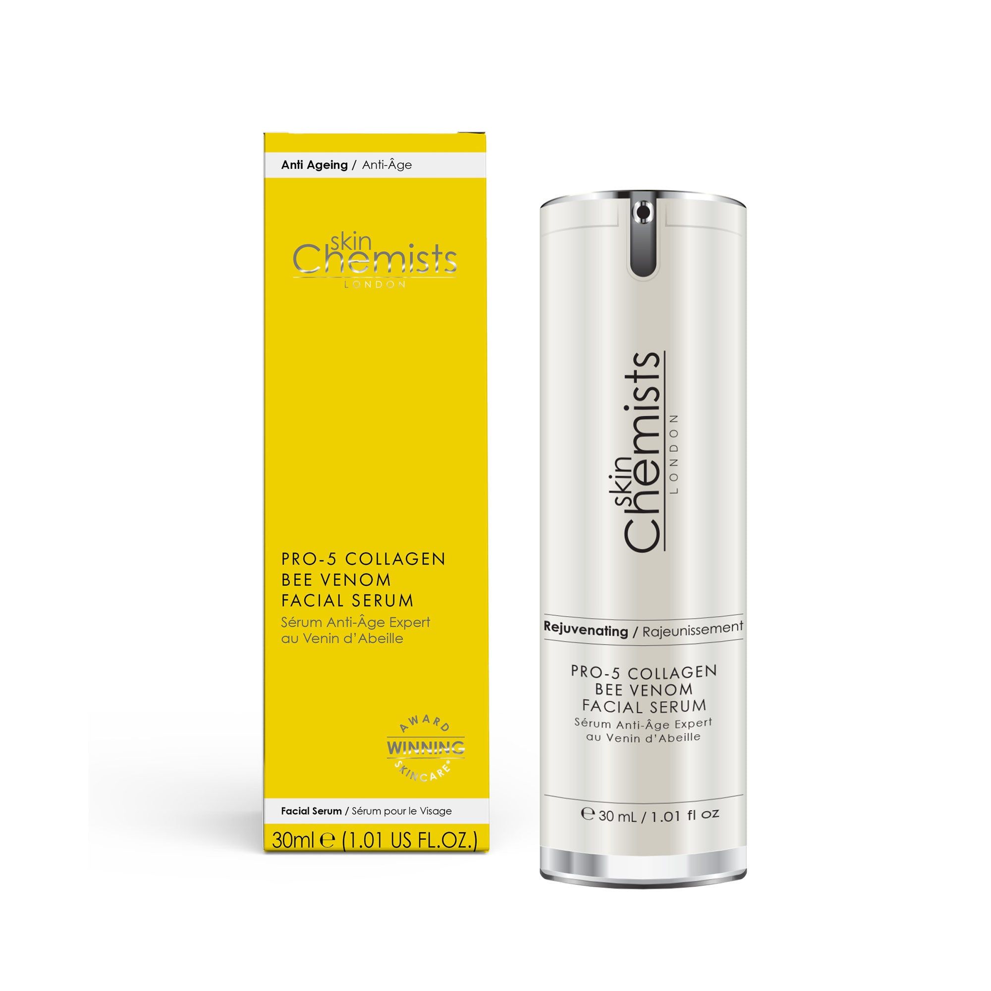 Gelbe Schachtel und weiße Flasche. Auf der Schachtel steht "skinChemists London" und "PRO-5 Collagen Bee Venom Facial Serum". Die Flasche trägt ebenfalls diese Aufschrift.