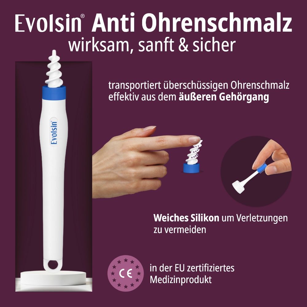 Weißes Produkt mit blauem Aufsatz. Text: EVOLSIN® Anti Ohrenschmalz. CE-Kennzeichnung. Weiches Silikon.