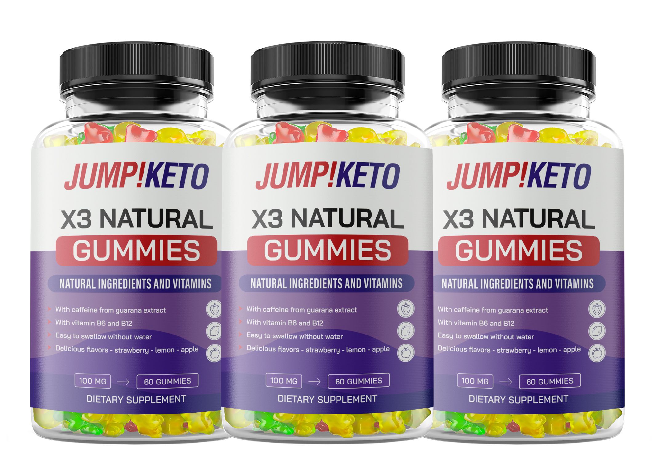 Drei Flaschen JUMP!KETO X3 Natural Gummies, gefüllt mit bunten Gummibärchen.