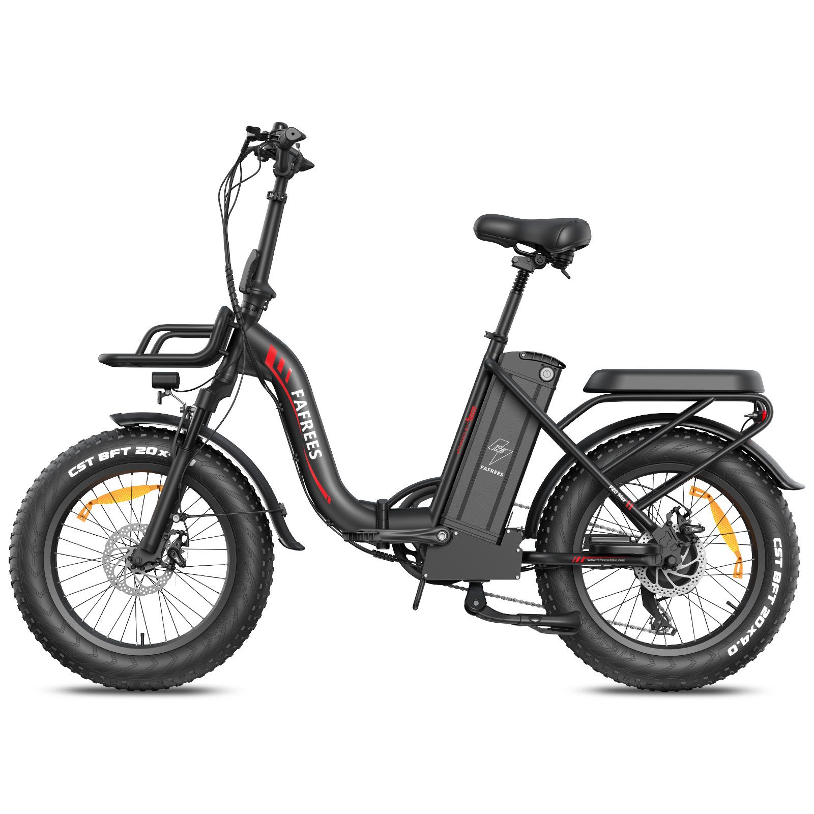 Schwarzes Falt-E-Bike mit breiten Reifen, Gepäckträger und Korb. Marke FAFREES.