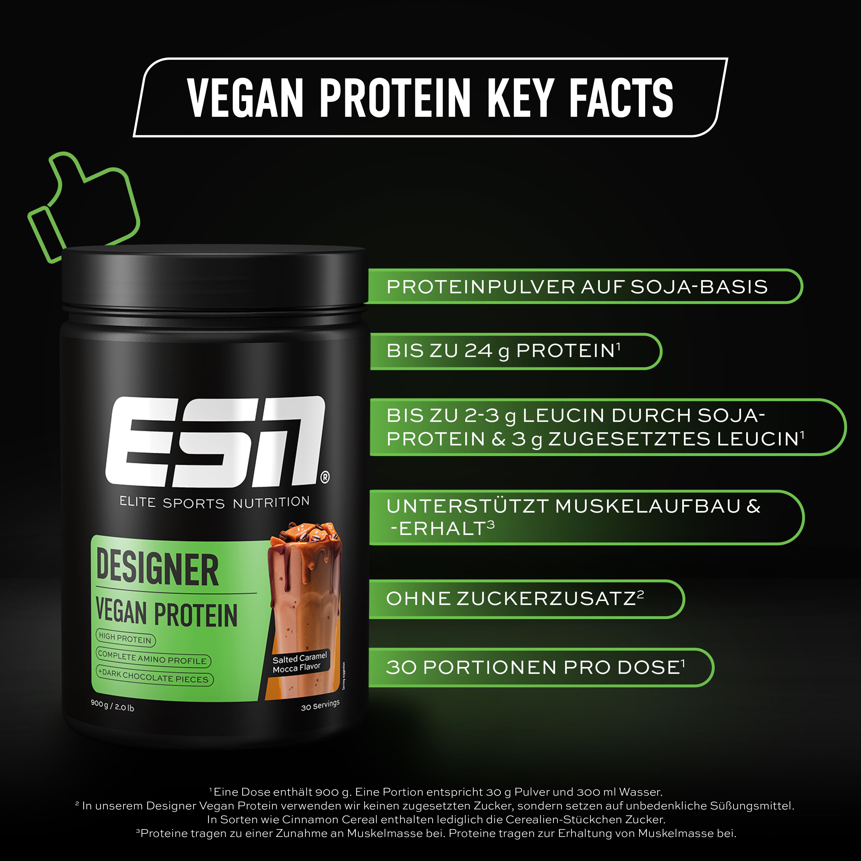 Text: Vegan Protein Key Facts. Dose mit ESN-Logo und Produktbezeichnung. Aufschrift: Designer Vegan Protein. Informationen zu Protein.