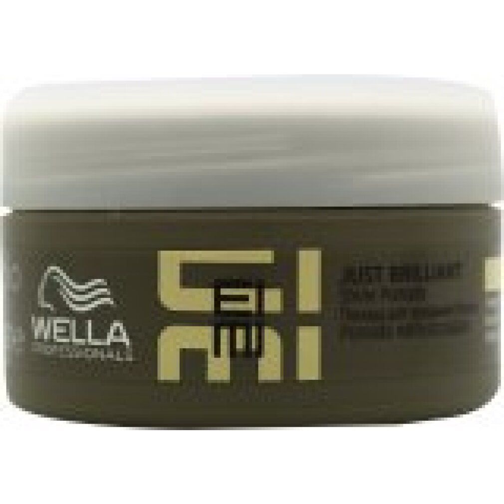 Ein brauner Tiegel mit weißem Deckel, beschriftet mit "Wella Professionals EIMI JUST BRILLIANT Shine pomade".