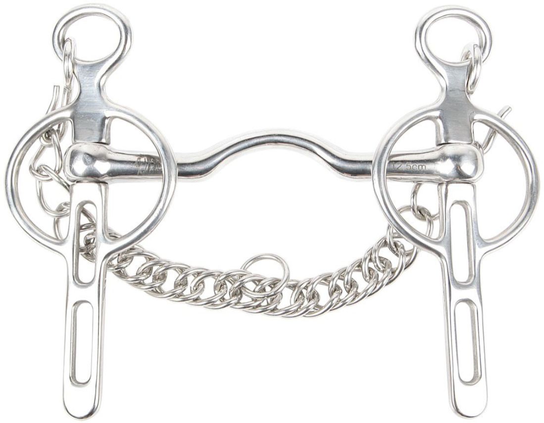 Metall-Stange mit Kettengliedern. Mundstück mit gebogener Form. Ringe an den Seiten. Kette unter dem Mundstück.