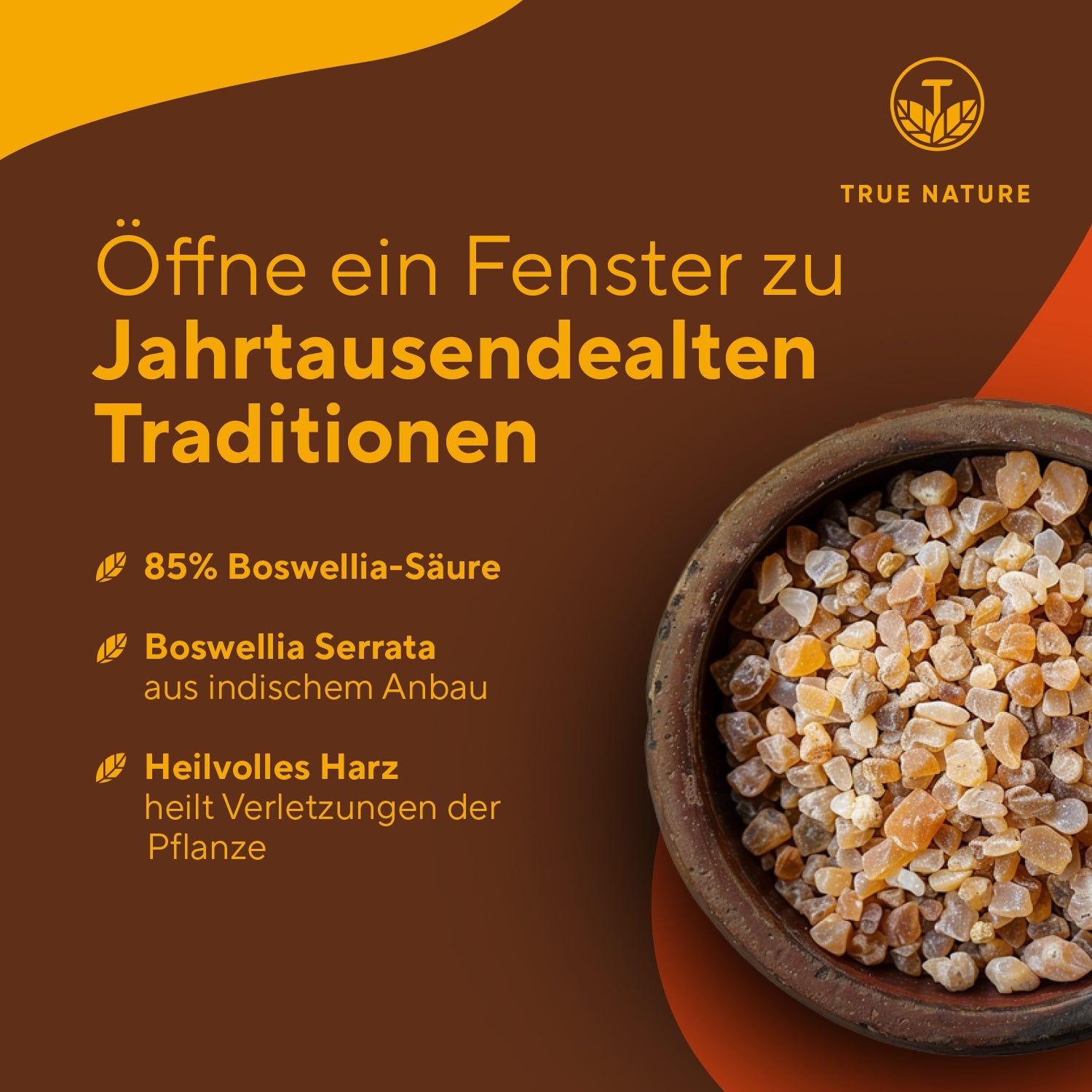 Braune Schale mit Harz. Text: 85% Boswellia-Säure, Boswellia Serrata, heilvolles Harz.