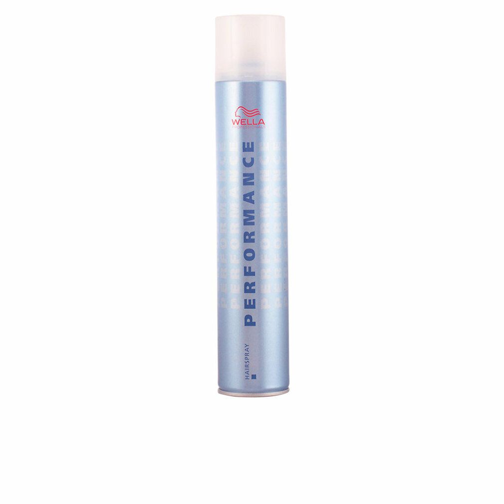Haarspray-Dose mit blauem Etikett. Oben weißer Sprühkopf. Aufschrift: PERFORMANCE, HAISPRAY, WELL.