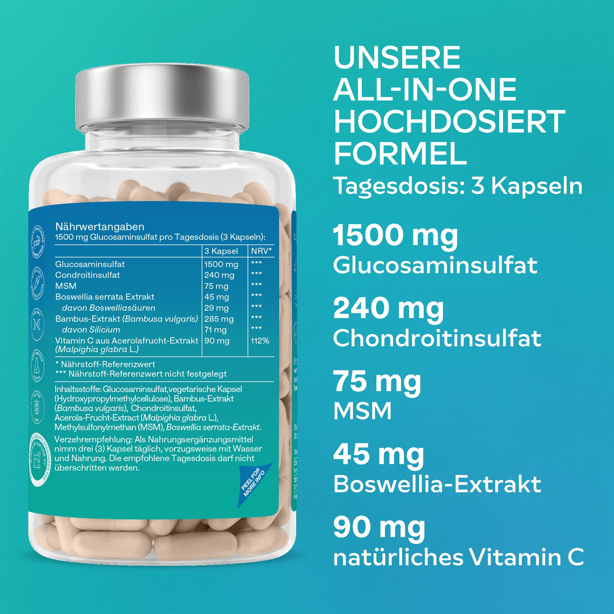 Rückseite einer Flasche mit Nährwertangaben und Sprachen.