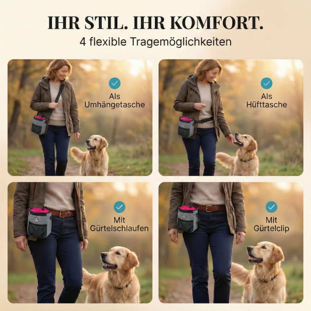 Vier Bilder zeigen den Futterbeutel in verschiedenen Tragevarianten: Umhängetasche, Hüfttasche, mit Gürtelschlaufen und Gürtelclip.