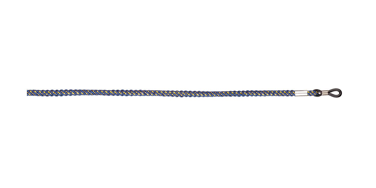 Dunkelblau-gelb geflochtenes Brillenband. Metallöse zur Befestigung an Brillenbügeln. Auf weißem Hintergrund.